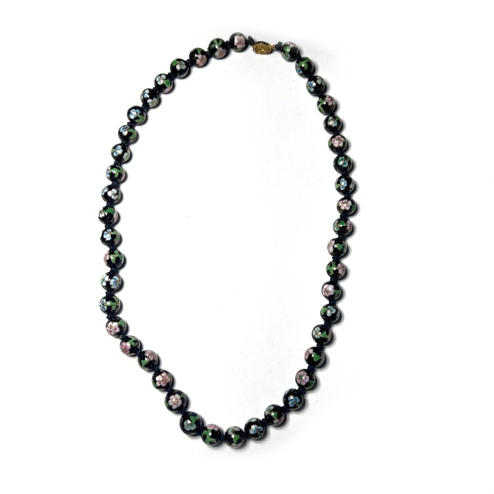 Vintage Japanese black handpainted porcelain necklace